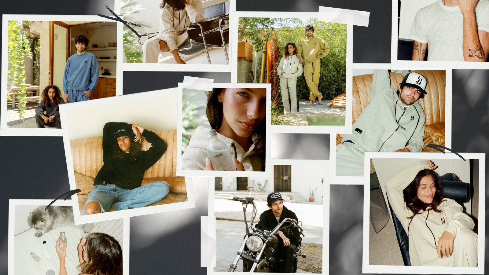 Collage of various COMUNE collaborators in different settings and wearing COMUNE clothing outfits.
