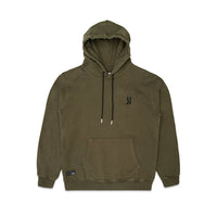 Comune Luka Hoodie heavyweight cotton sweatshirt in army green color on white background, front view. COMUNE LUKA HOODIE | Army Green