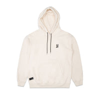 Comune Luka Hoodie heavyweight cotton sweatshirt in bone color on white background, front close up. COMUNE LUKA HOODIE | Bone