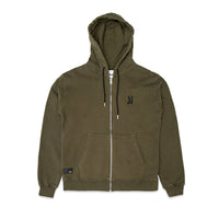 Comune Luka Zip-up heavyweight cotton hoodie in army green color on a white background, front view. COMUNE LUKA ZIP-UP | Army Green