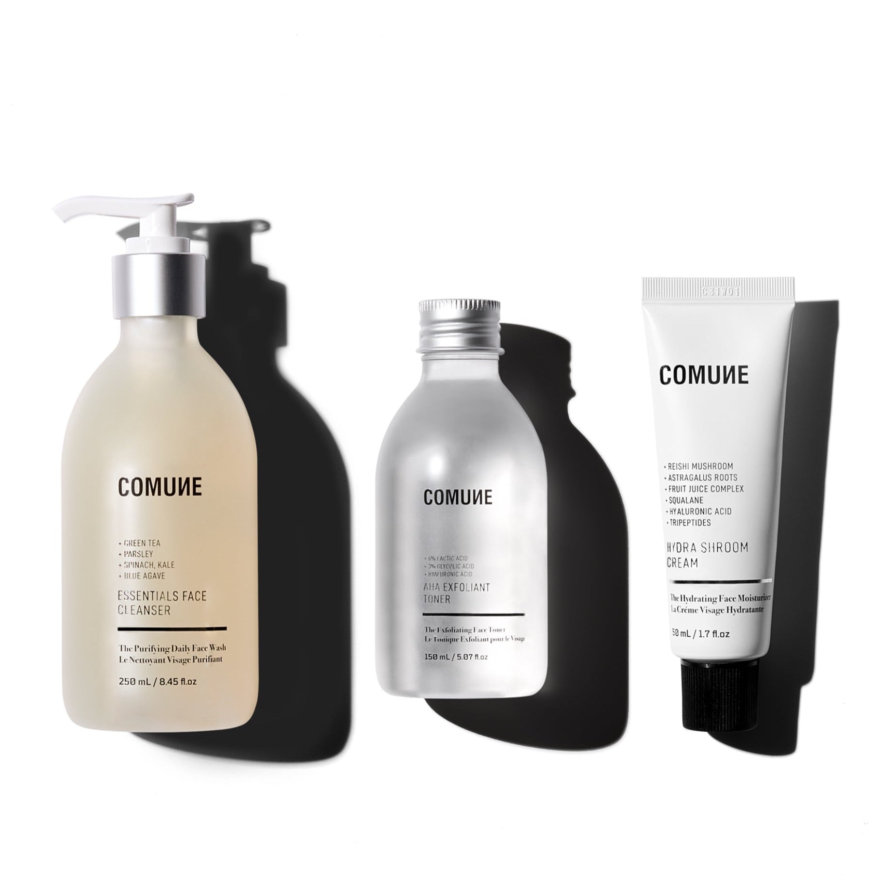 Comune Essentials Face Cleanser + Exfoliant Toner + Hydra Shroom Cream