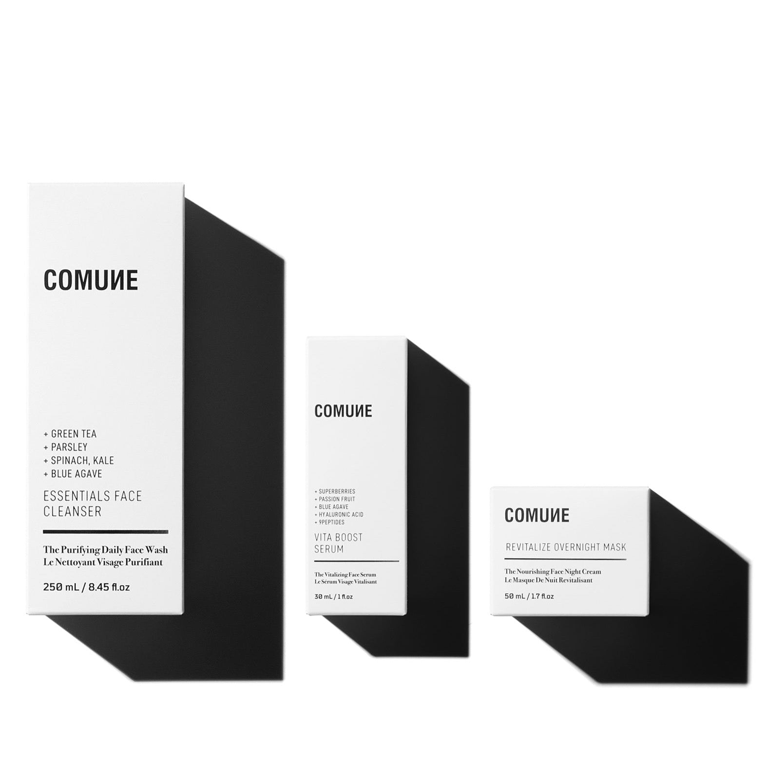 Comune Essentials Face Cleanser + Vita Boost Serum + Revitalize Overnight Mask