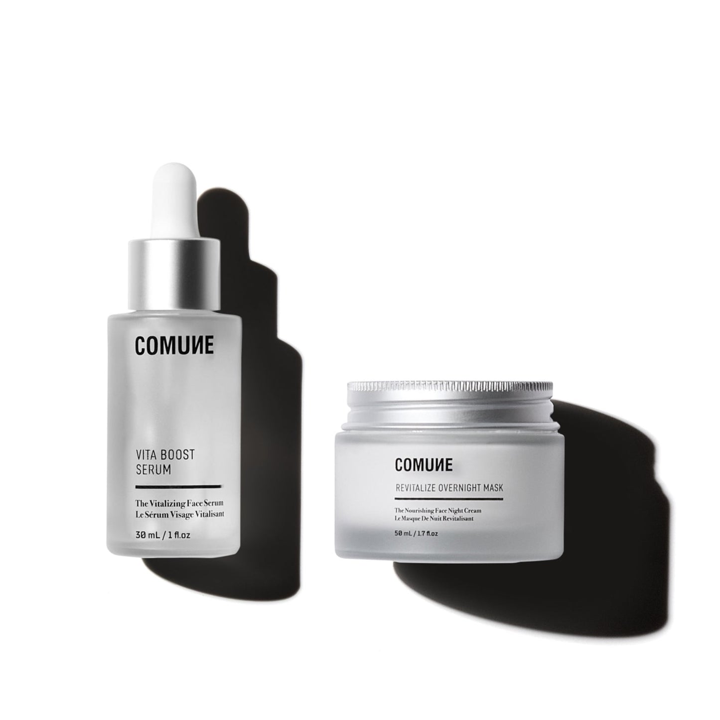 Revitalize boost Therapy Duo on a white background. Comune Vita Boost Serum + Revitalize Overnight Mask.
