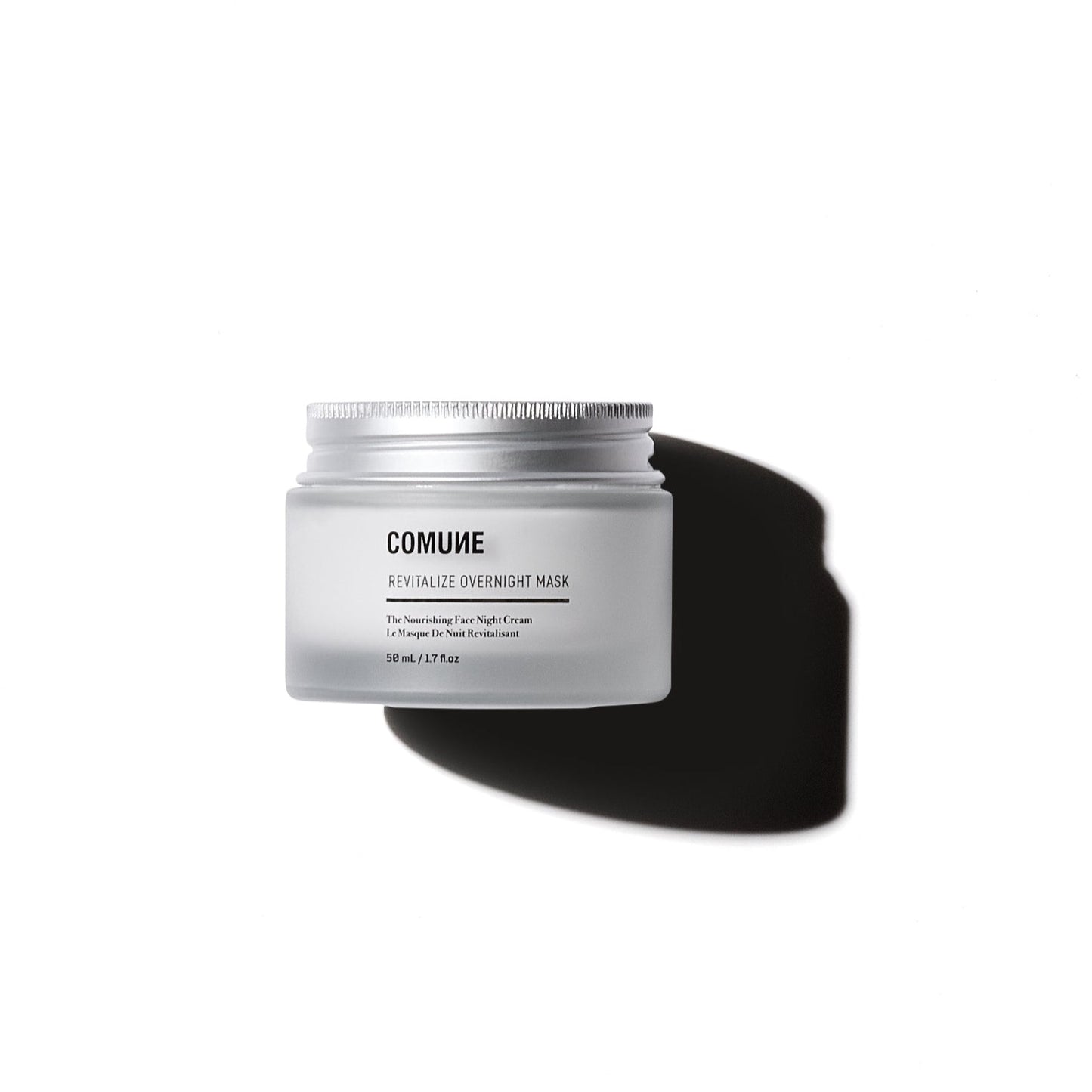 COMUNE Revitalize Overnight Mask 50mL/1.7 fl.oz, on white background, front view.  A dual function overnight mask and night cream with superfood ingredients.  Acai, goji, blue agave, niacinamide, hyaluronic acid, and squalane. Clean, natural, vegan & cruelty-free. Made in Korea.
