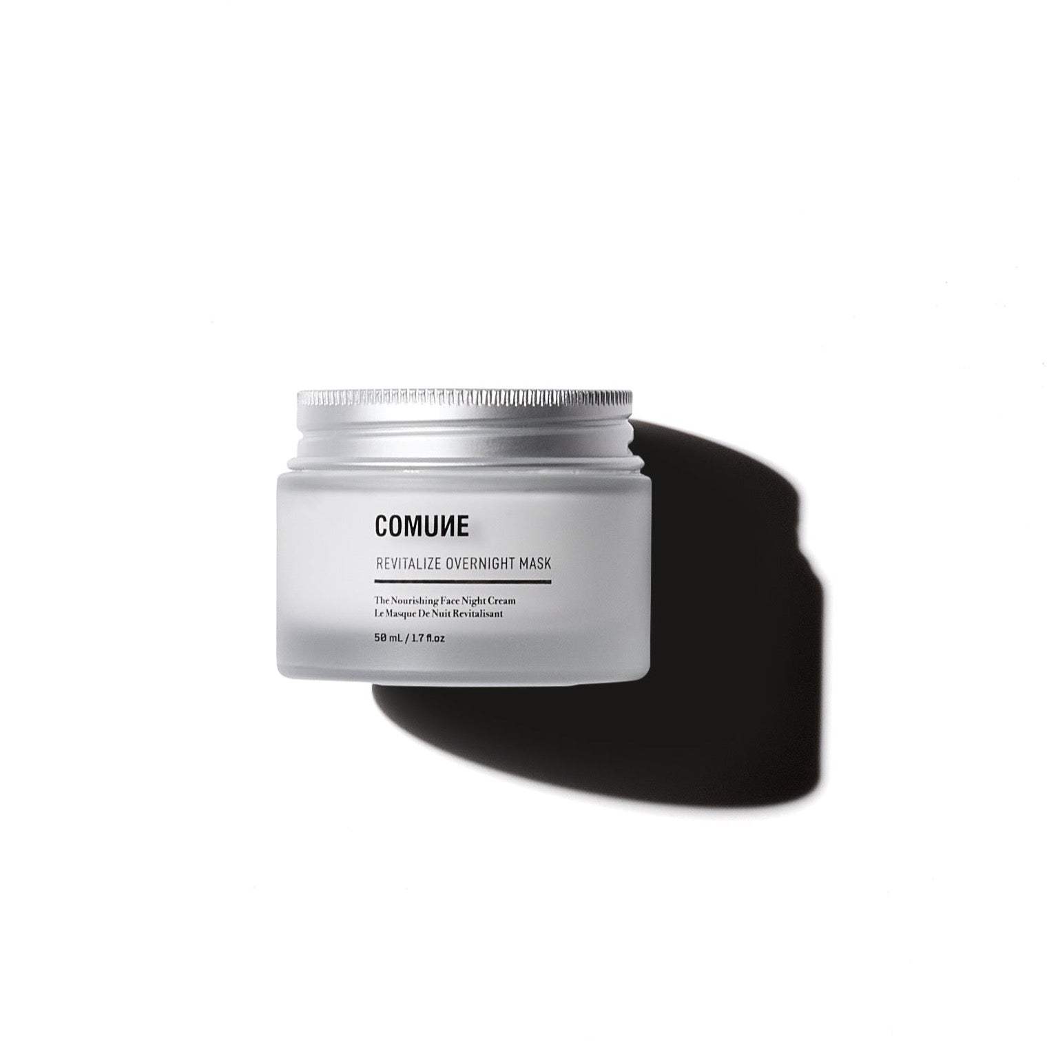 COMUNE Revitalize Overnight Mask 50mL/1.7 fl.oz, on white background, front view.  A dual function overnight mask and night cream with superfood ingredients.  Acai, goji, blue agave, niacinamide, hyaluronic acid, and squalane. Clean, natural, vegan & cruelty-free. Made in Korea.