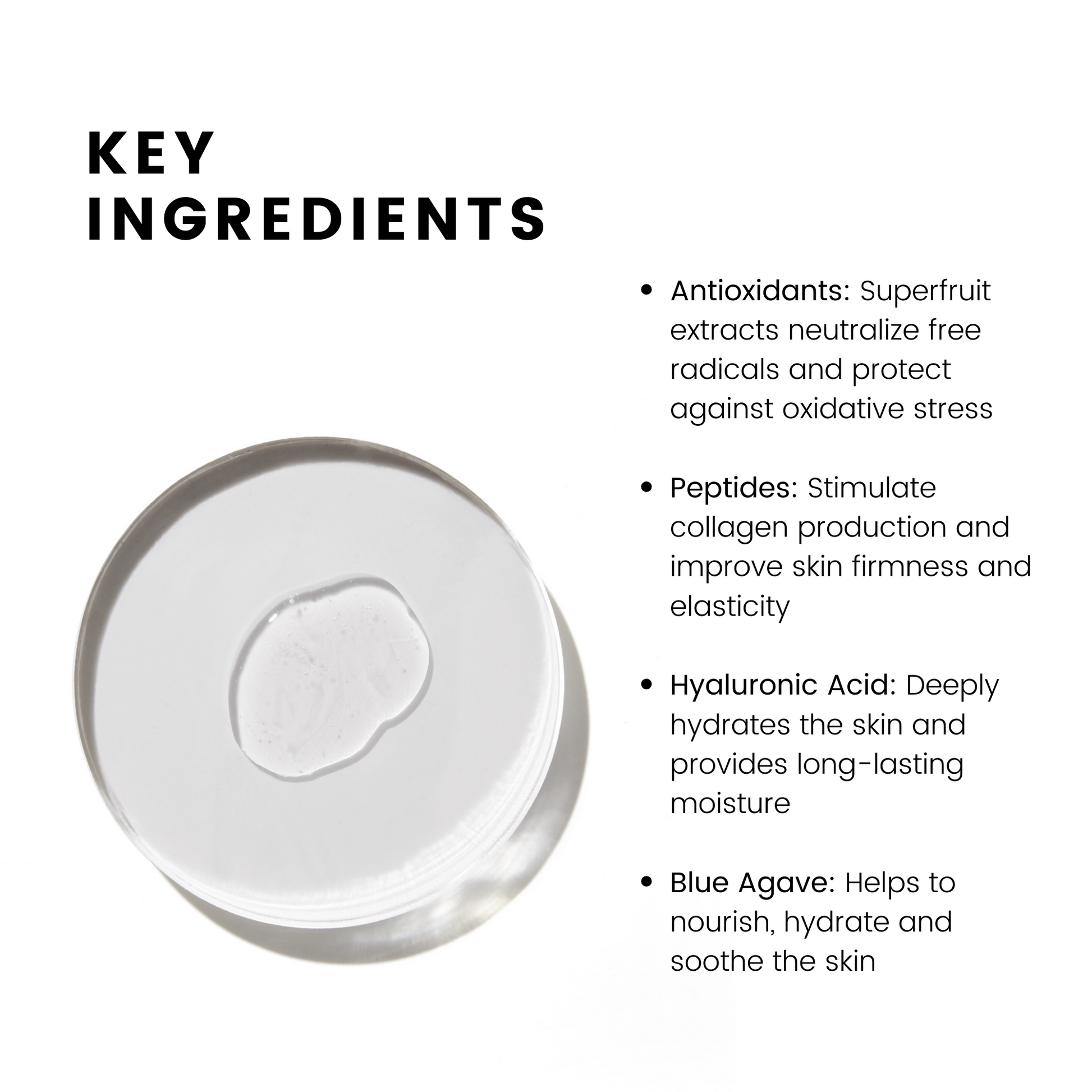 Comune Vita Boost Serum key Ingredients, contains antioxidants, peptides, hyaluronic acid and blue agave.  Clean, Natural, Vegan & Cruelty-free