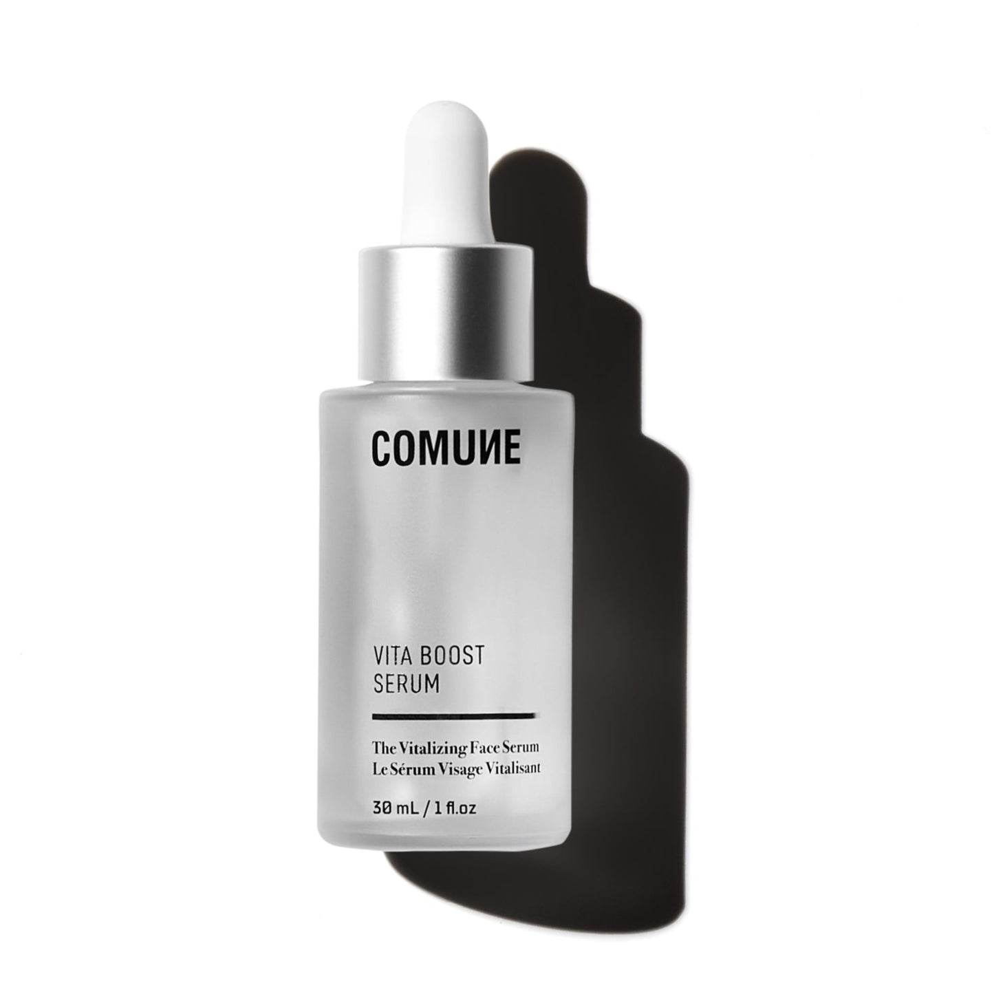 Comune Vita Boost Serum 30mL / 1fl.oz product on white background. 9 peptides. Super berries. Hyaluronic acid. Fragrance-free. Targets premature aging before it sets in—and addresses it if it already has.