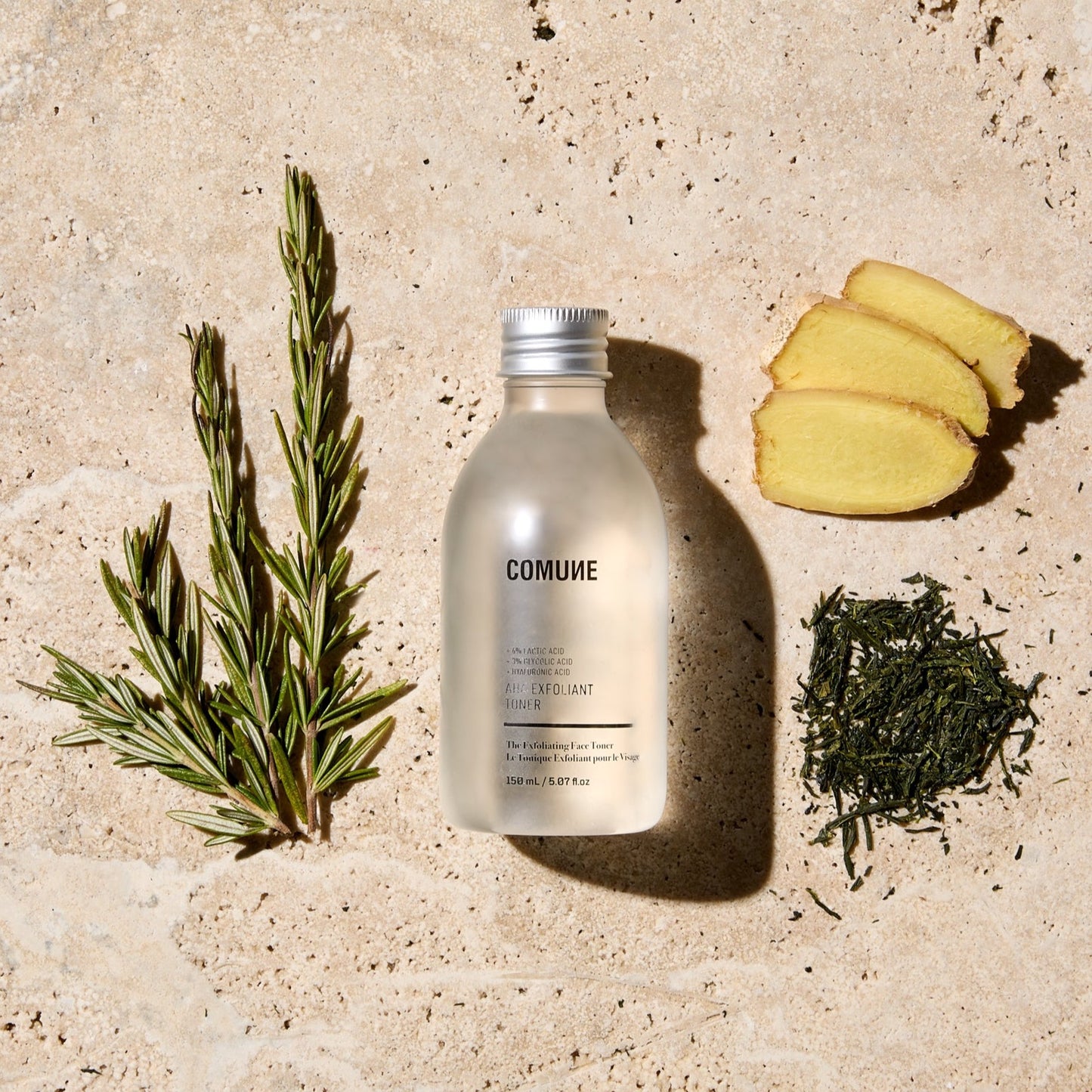 COMUNE AHA Toner ingredient list showing natural ingredients including lactic acid, glycolic acid, and hyaluronic acid