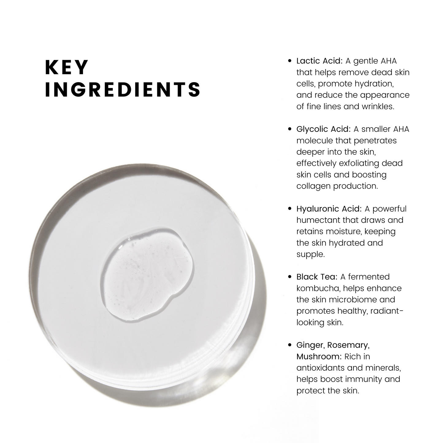 COMUNE AHA Toner ingredient list showing lactic acid, glycolic acid, black tee, ginger, rosemary, mushroom, and hyaluronic acid