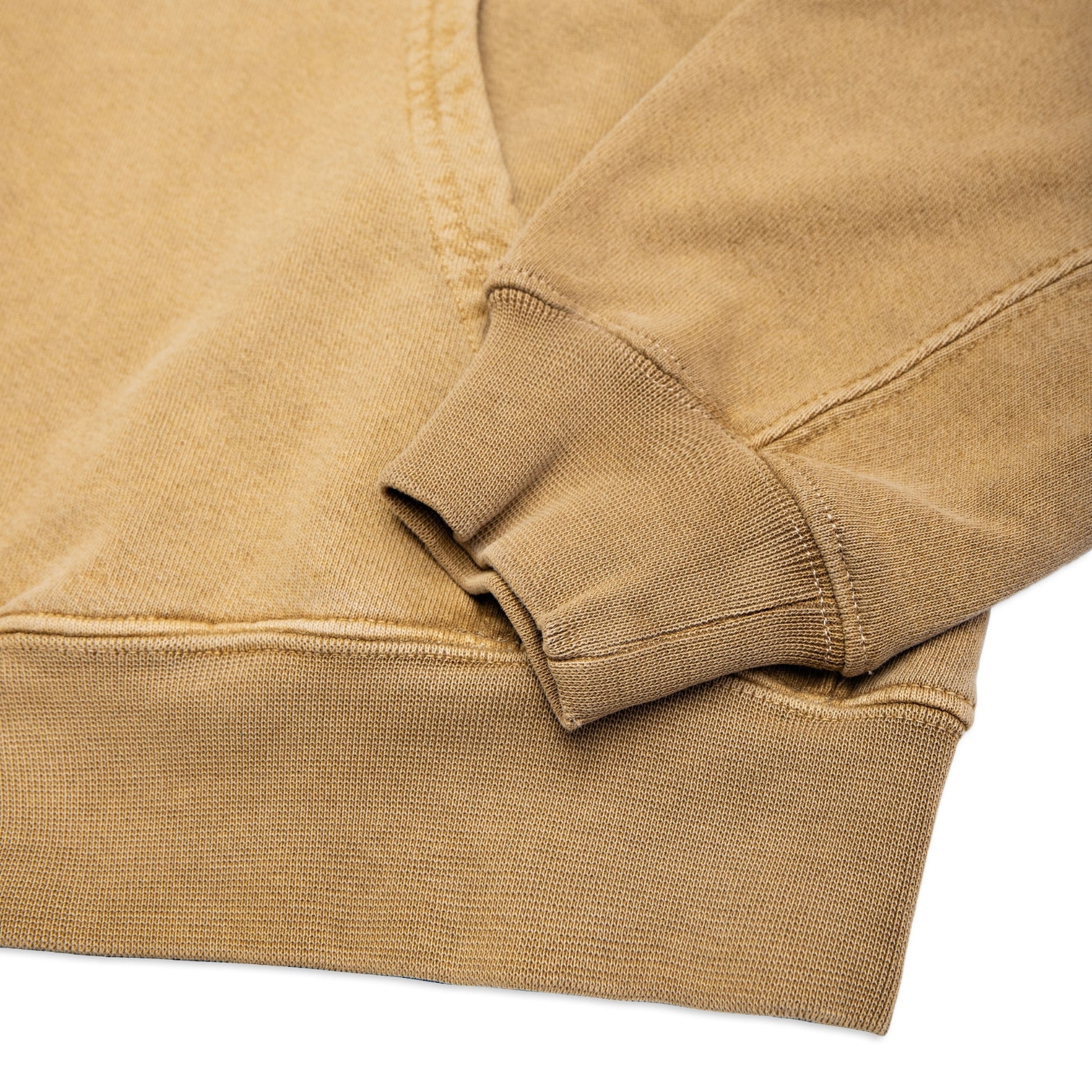 Comune Duke Hoodie heavyweight cotton in camel color on white background, hem close up. COMUNE DUKE HOODIE | Camel BRN