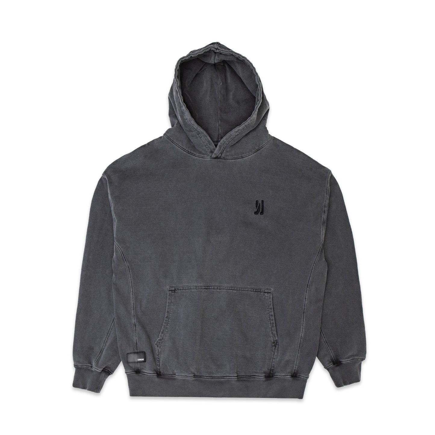Comune Duke Hoodie heavyweight cotton in faded black color on white background, front view. COMUNE DUKE HOODIE | Faded Black