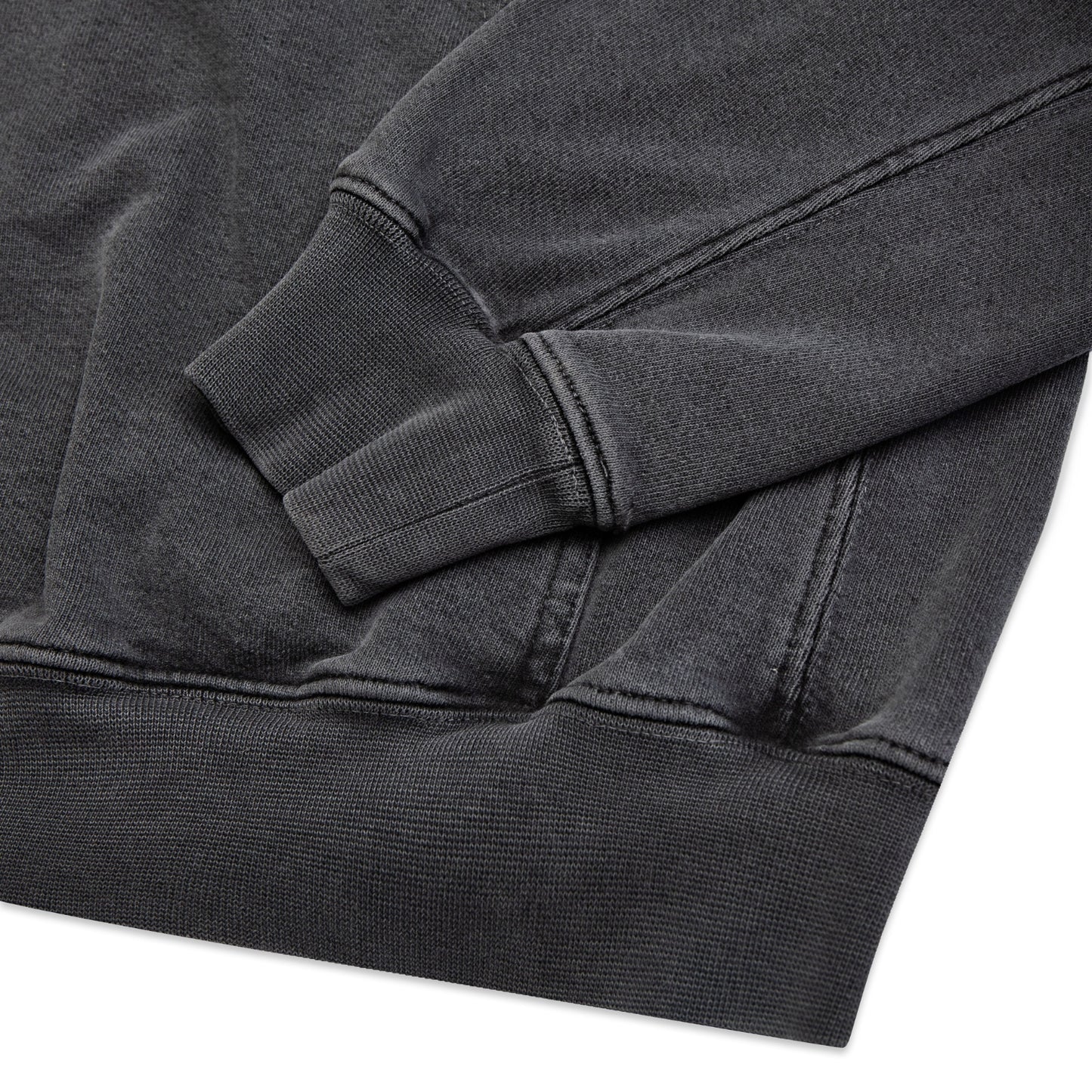 Comune Duke Hoodie heavyweight cotton in camel color on white background, hem close up. COMUNE DUKE HOODIE | Faded Black