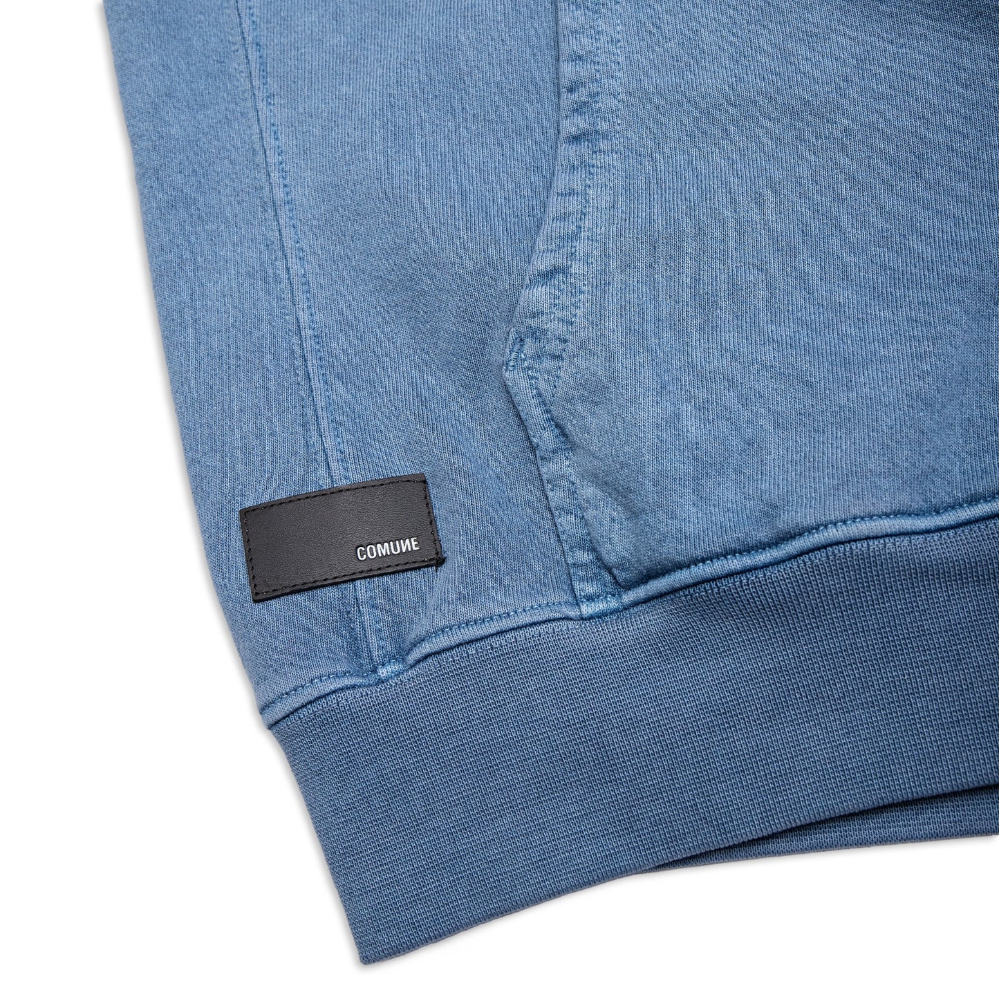 Comune Duke Hoodie heavyweight cotton in marine color on white background, leather patch. COMUNE DUKE HOODIE | Marine