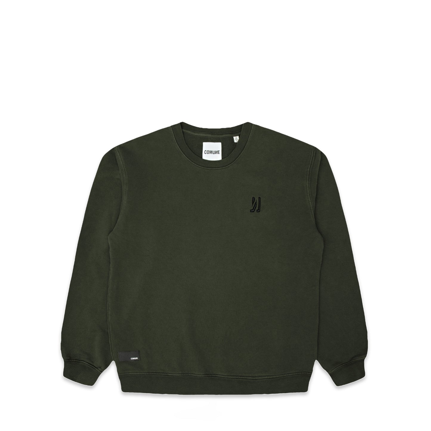 Comune Luka crewneck heavyweight cotton sweatshirt in army green color on white background, front view. COMUNE LUKA CREW | Army Green