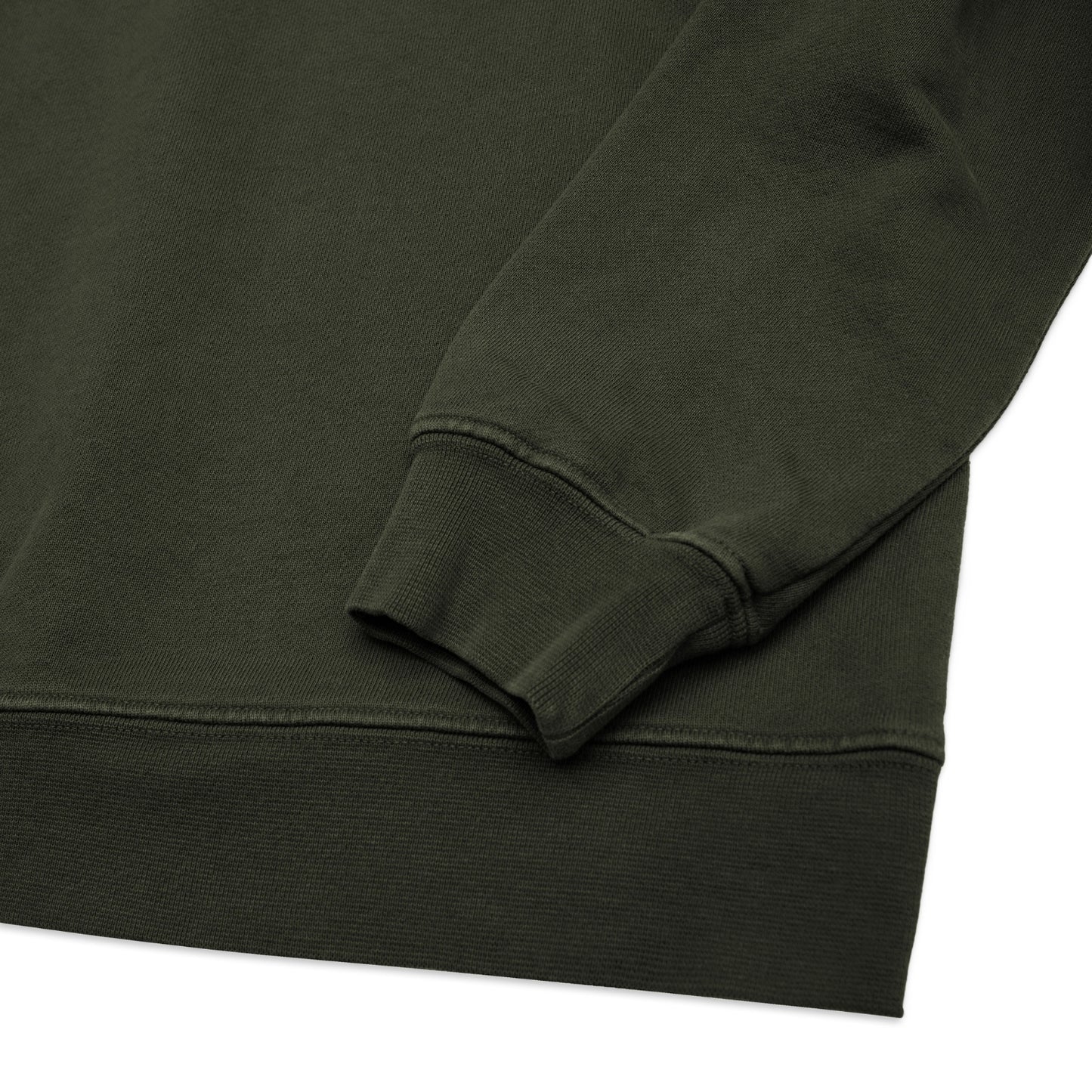 Comune Luka crewneck heavyweight cotton sweatshirt in army green color on white background, hem close up. COMUNE LUKA CREW | Army Green