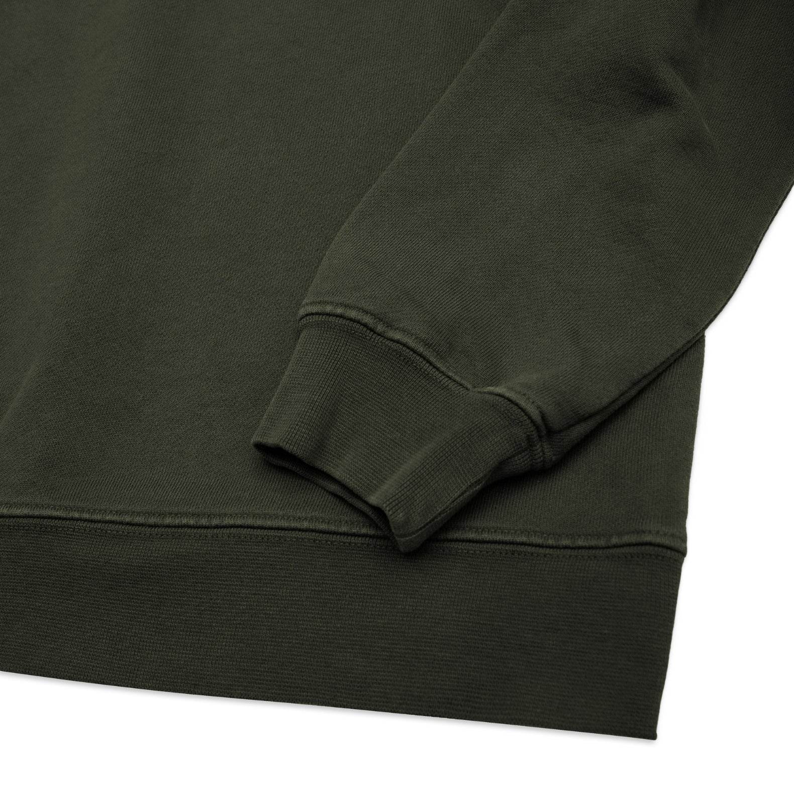 Comune Luka crewneck heavyweight cotton sweatshirt in army green color on white background, hem close up. COMUNE LUKA CREW | Army Green