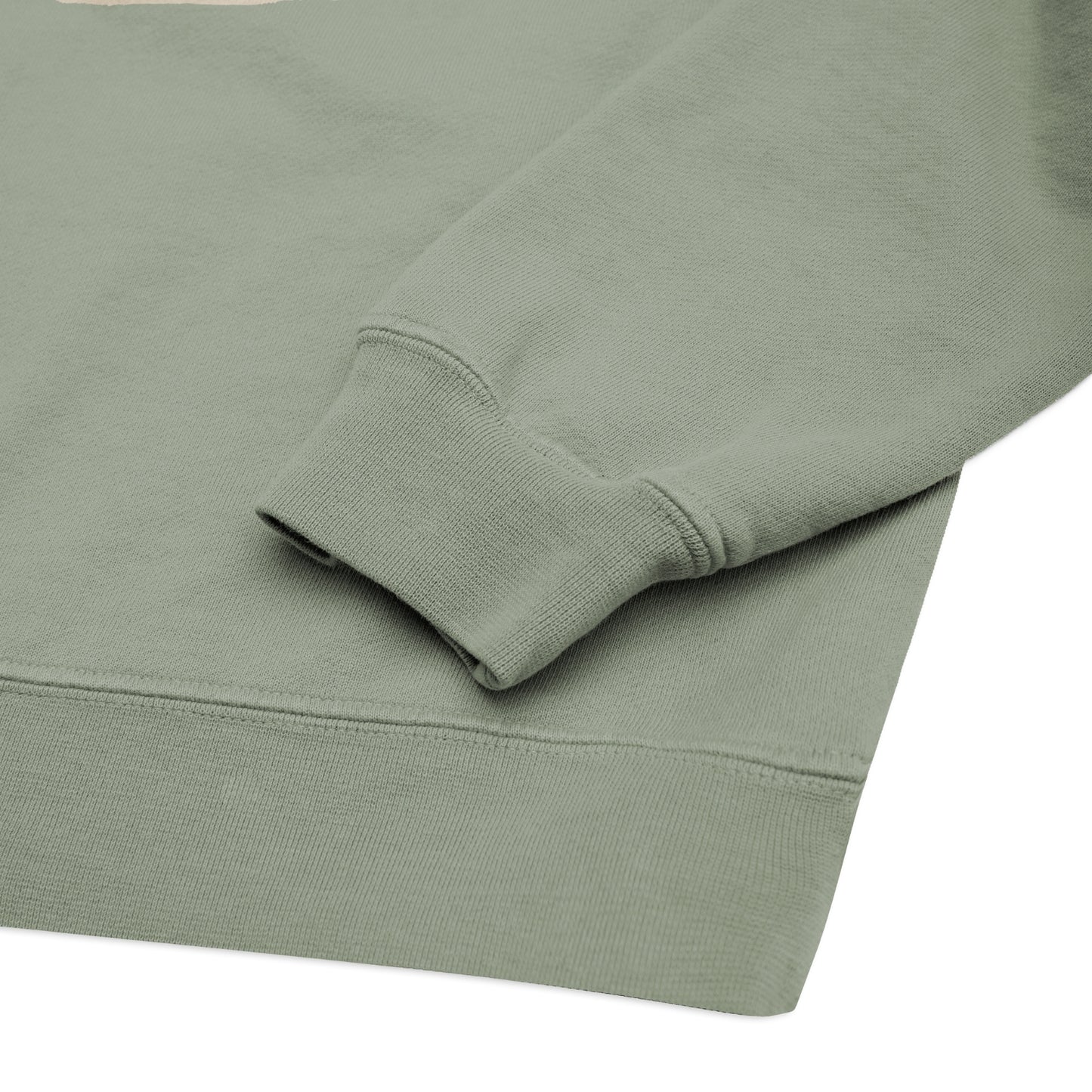 Comune Luka crewneck heavyweight cotton sweatshirt in sage color on white background, hem close up. COMUNE LUKA CREW | Sage