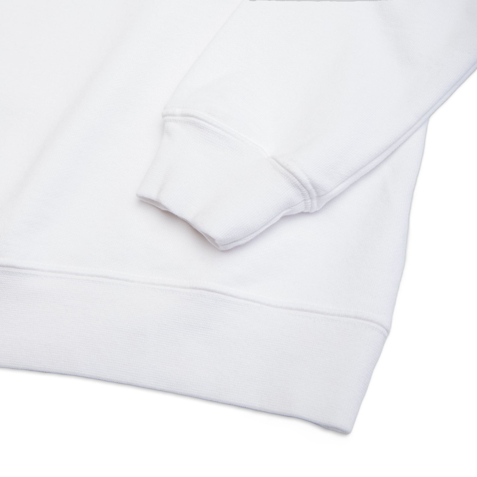 Comune Luka crewneck heavyweight cotton sweatshirt in white color on white background, hem close up. COMUNE LUKA CREW | White