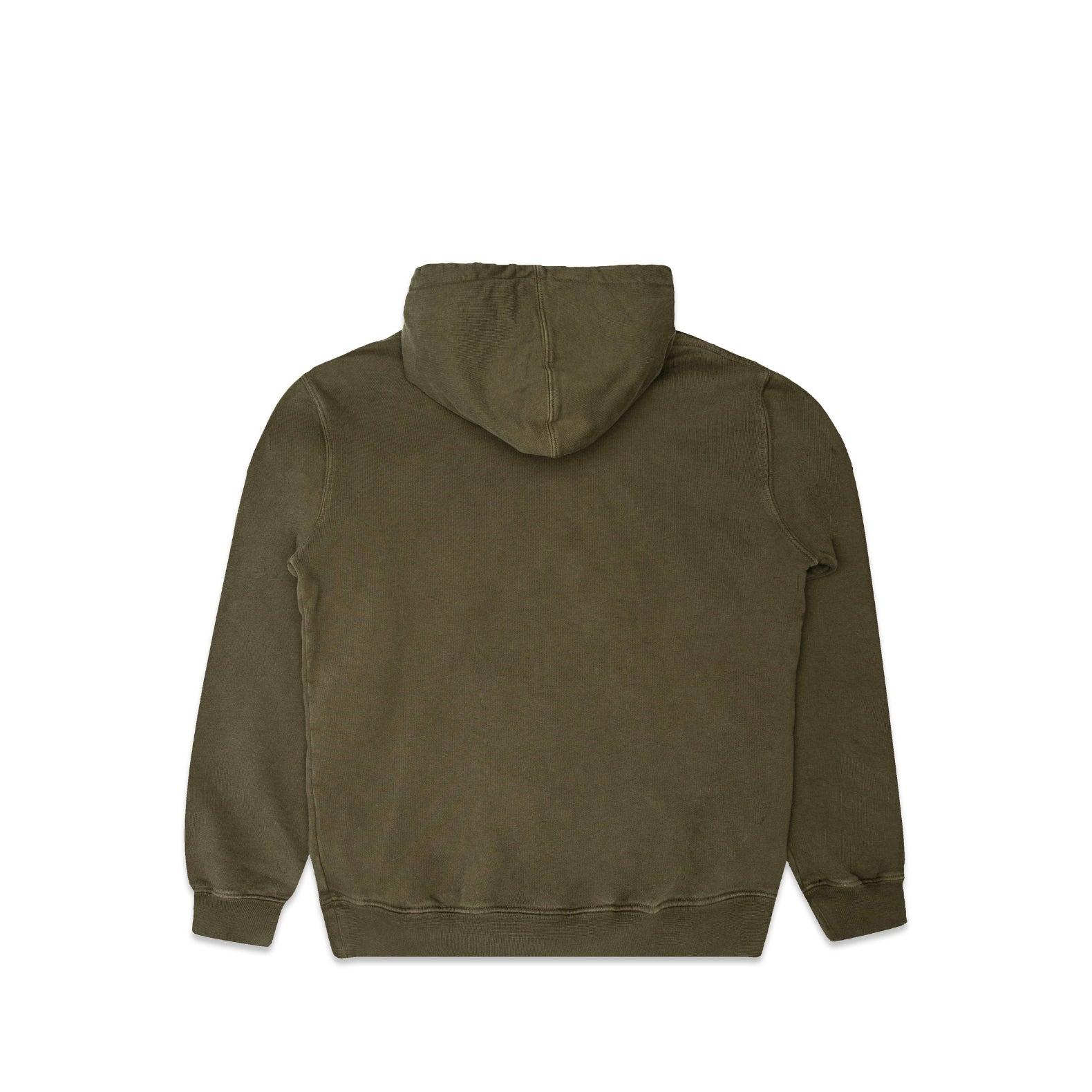 Comune Luka Hoodie heavyweight cotton sweatshirt in army green color on white background, back view. COMUNE LUKA HOODIE | Army Green