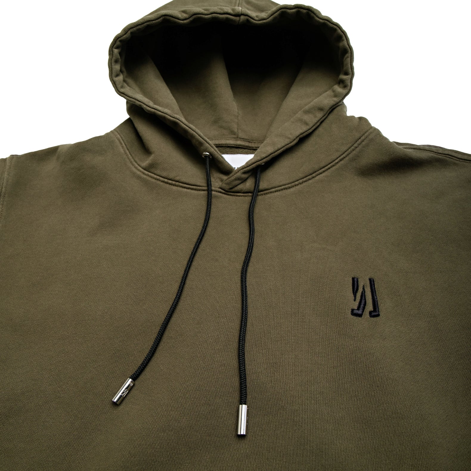Comune Luka Hoodie heavyweight cotton sweatshirt in army green color on white background, logo close up. COMUNE LUKA HOODIE | Army Green