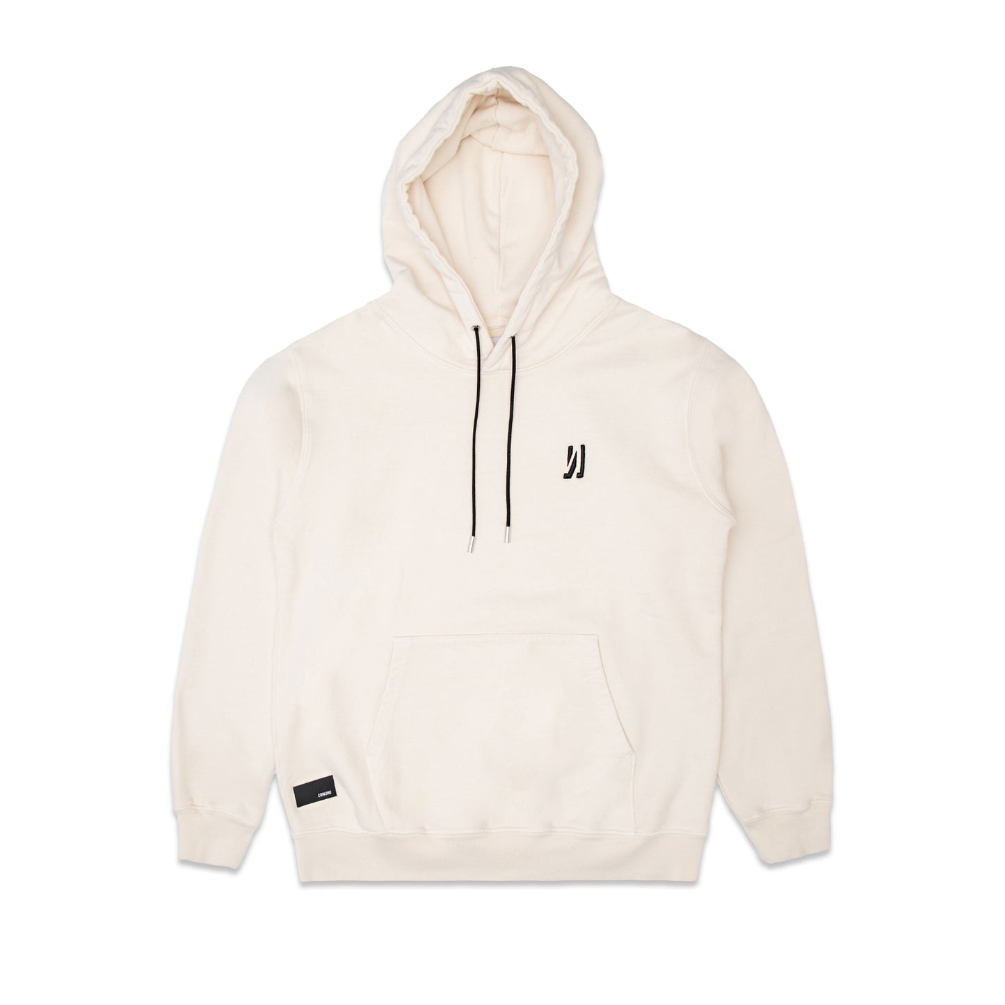 Comune Luka Hoodie heavyweight cotton sweatshirt in bone color on white background, front close up. COMUNE LUKA HOODIE | Bone