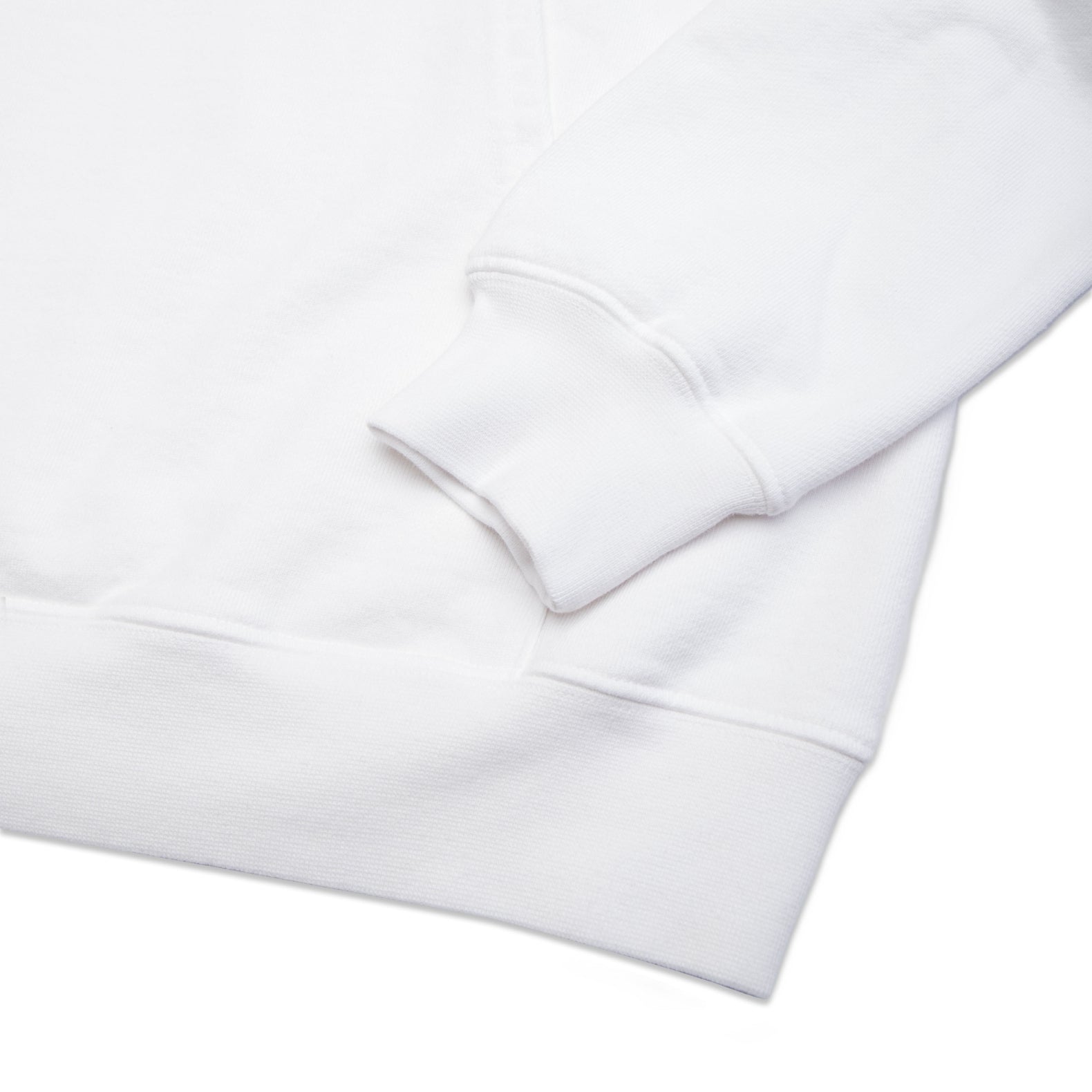 Comune Luka Hoodie heavyweight cotton sweatshirt in white color on white background, hem close up. COMUNE LUKA HOODIE | White