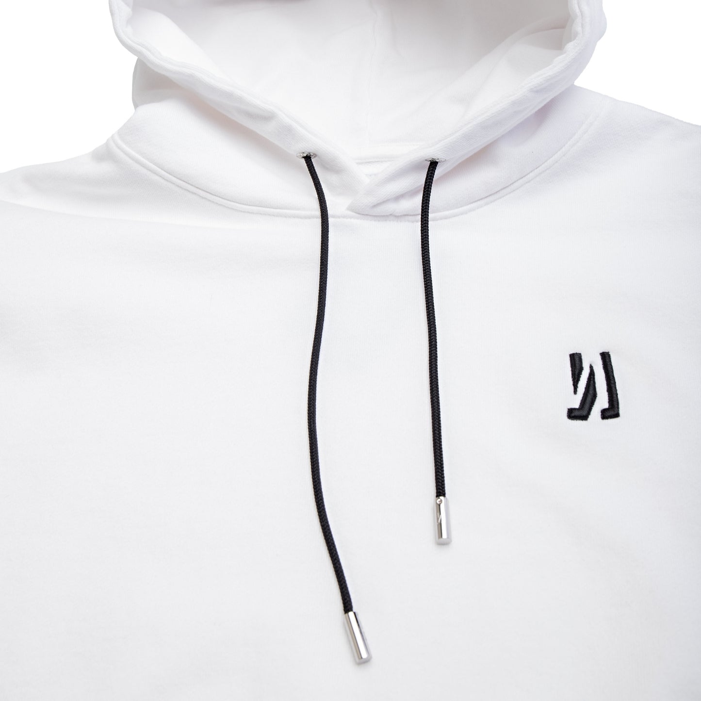 Comune Luka Hoodie heavyweight cotton sweatshirt in white color on white background, logo close up. COMUNE LUKA HOODIE | White