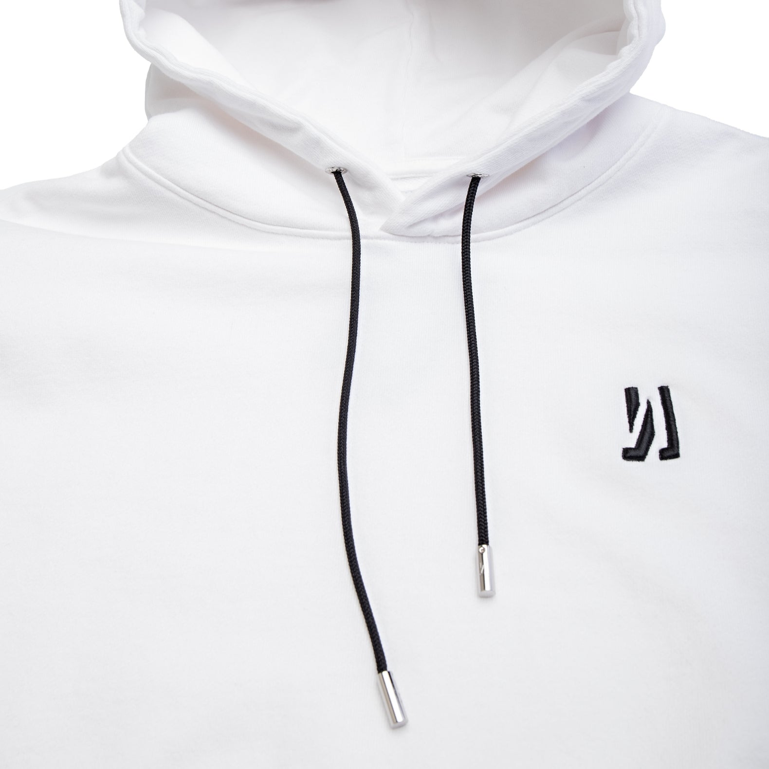 Comune Luka Hoodie heavyweight cotton sweatshirt in white color on white background, logo close up. COMUNE LUKA HOODIE | White