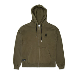 Comune Luka Zip-up heavyweight cotton hoodie in army green color on a white background, front view. COMUNE LUKA ZIP-UP | Army Green