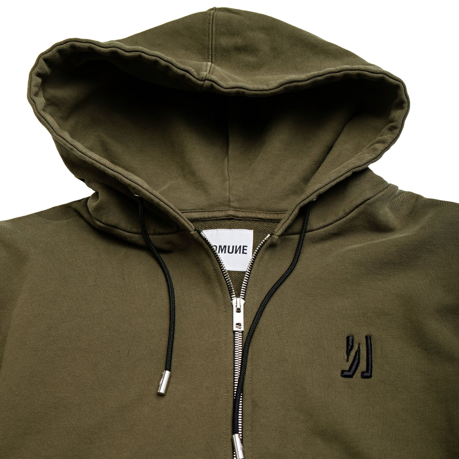 Comune Luka Zip-up heavyweight cotton hoodie in army green color on a white background, logo close up. COMUNE LUKA ZIP-UP | Army Green