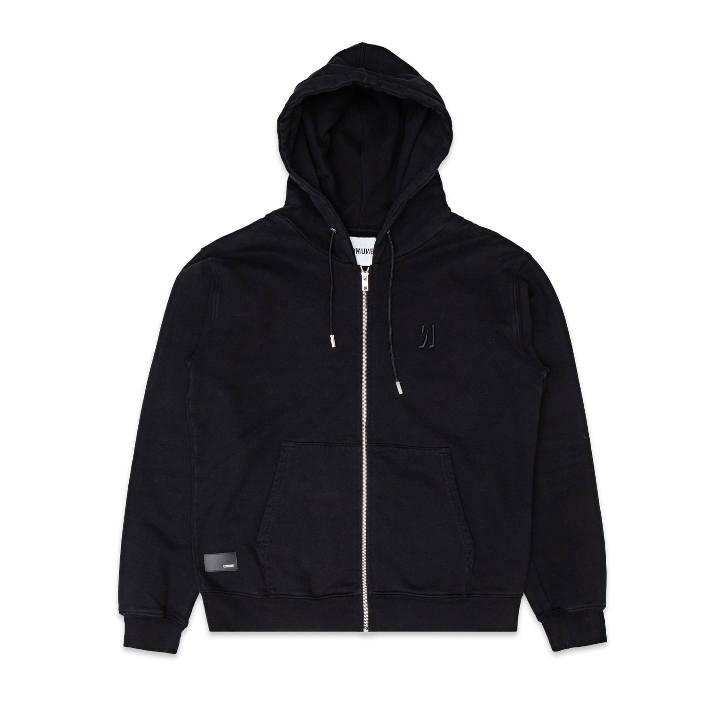 Comune Luka Zip-up heavyweight cotton hoodie in black color on a white background, front view. COMUNE LUKA ZIP-UP | Black