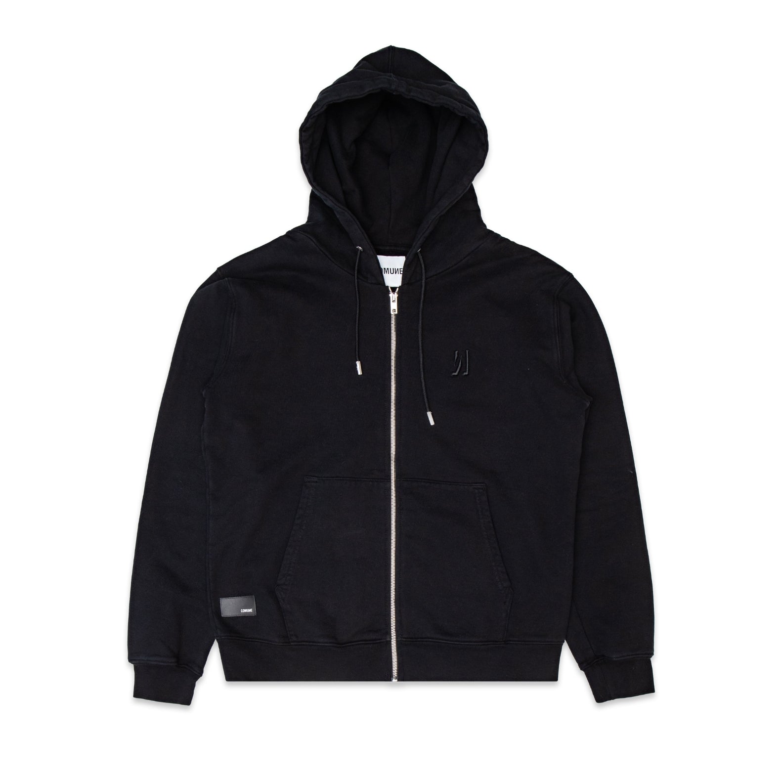 Comune Luka Zip-up heavyweight cotton hoodie in black color on a white background, front view. COMUNE LUKA ZIP-UP | Black