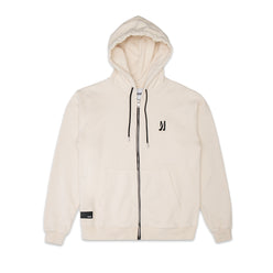 Comune Luka Zip-up in heavyweight cotton hoodie in bone color on white background, front view. COMUNE LUKA ZIP-UP | Bone