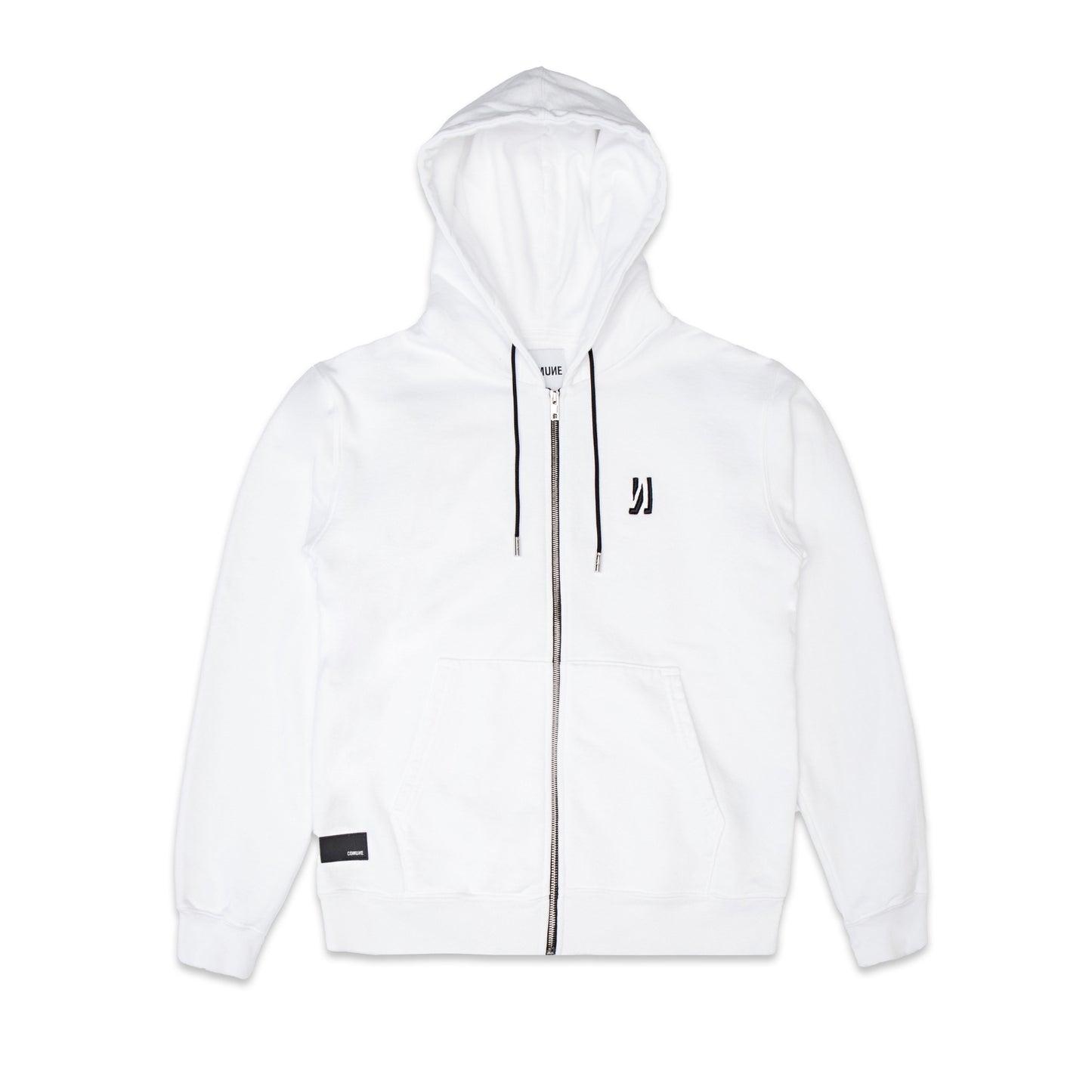 Comune Luka Zip-up in heavyweight cotton hoodie in white color on white background, front view. COMUNE LUKA ZIP-UP | White