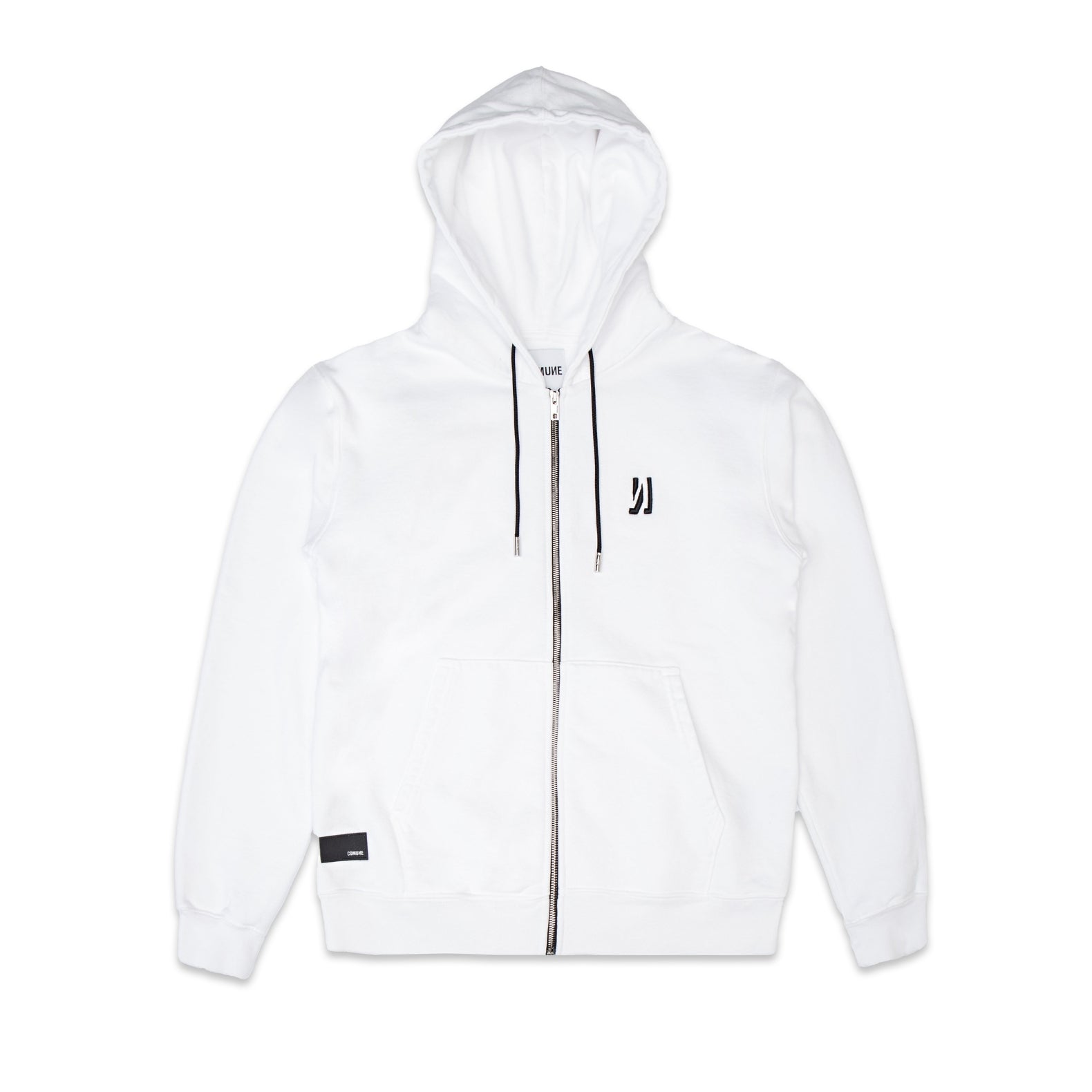 Comune Luka Zip-up in heavyweight cotton hoodie in white color on white background, front view. COMUNE LUKA ZIP-UP | White
