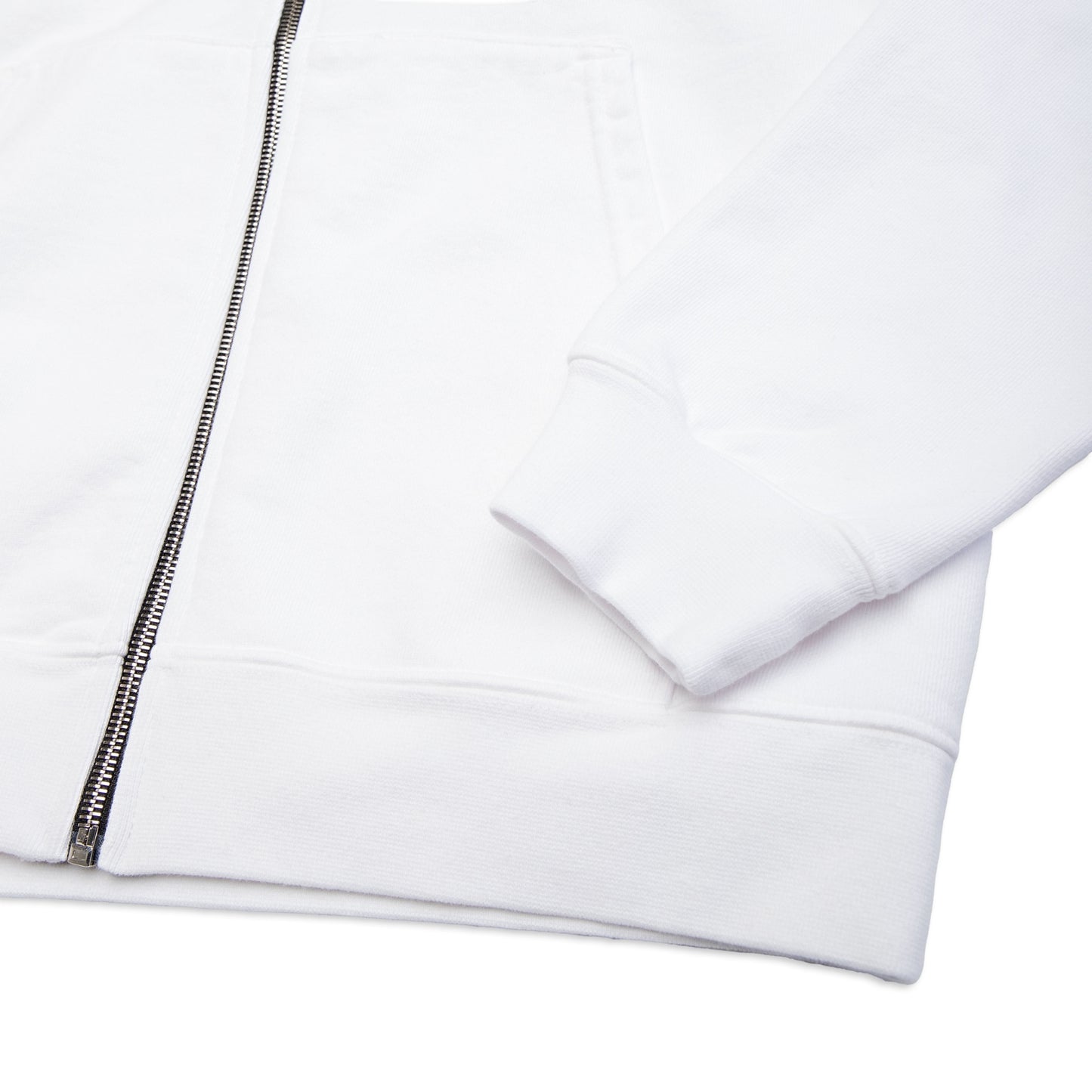 Comune Luka Zip-up in heavyweight cotton hoodie in white color on white background, hem close up. COMUNE LUKA ZIP-UP | White