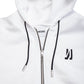 Comune Luka Zip-up in heavyweight cotton hoodie in white color on white background, logo close up. COMUNE LUKA ZIP-UP | White