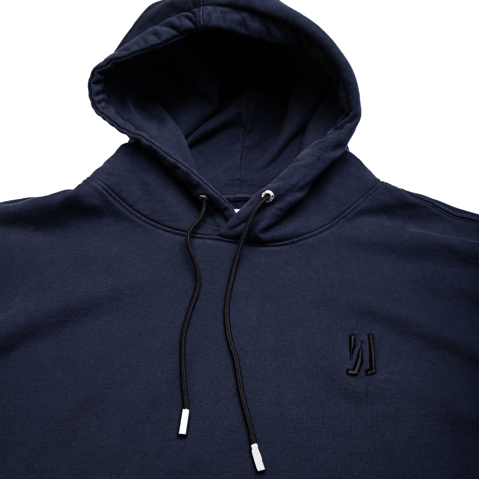 Comune Luka Hoodie heavyweight cotton sweatshirt in navy color on white background, logo close up. COMUNE LUKA HOODIE | Navy
