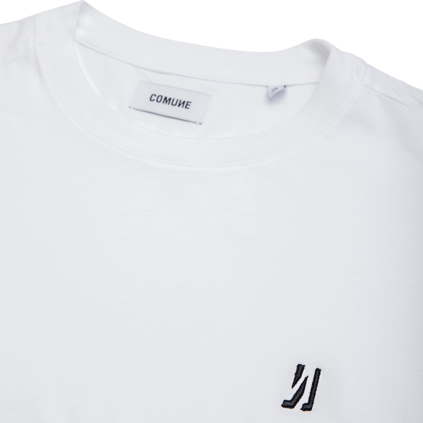 Comune Nori tee in soft 100% supima cotton in white color on white background, logo close up. COMUNE NORI TEE | White