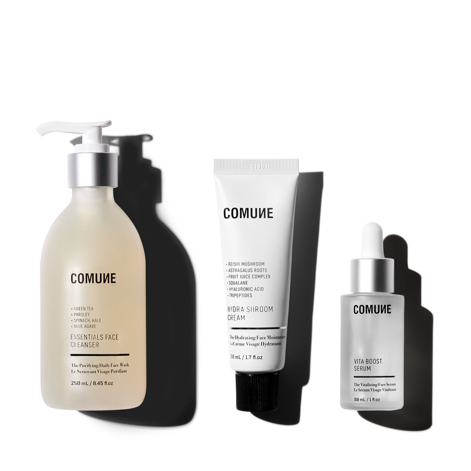 Comune Essentials Face Cleanser + Hydra Shroom Cream + Vita Boost Serum