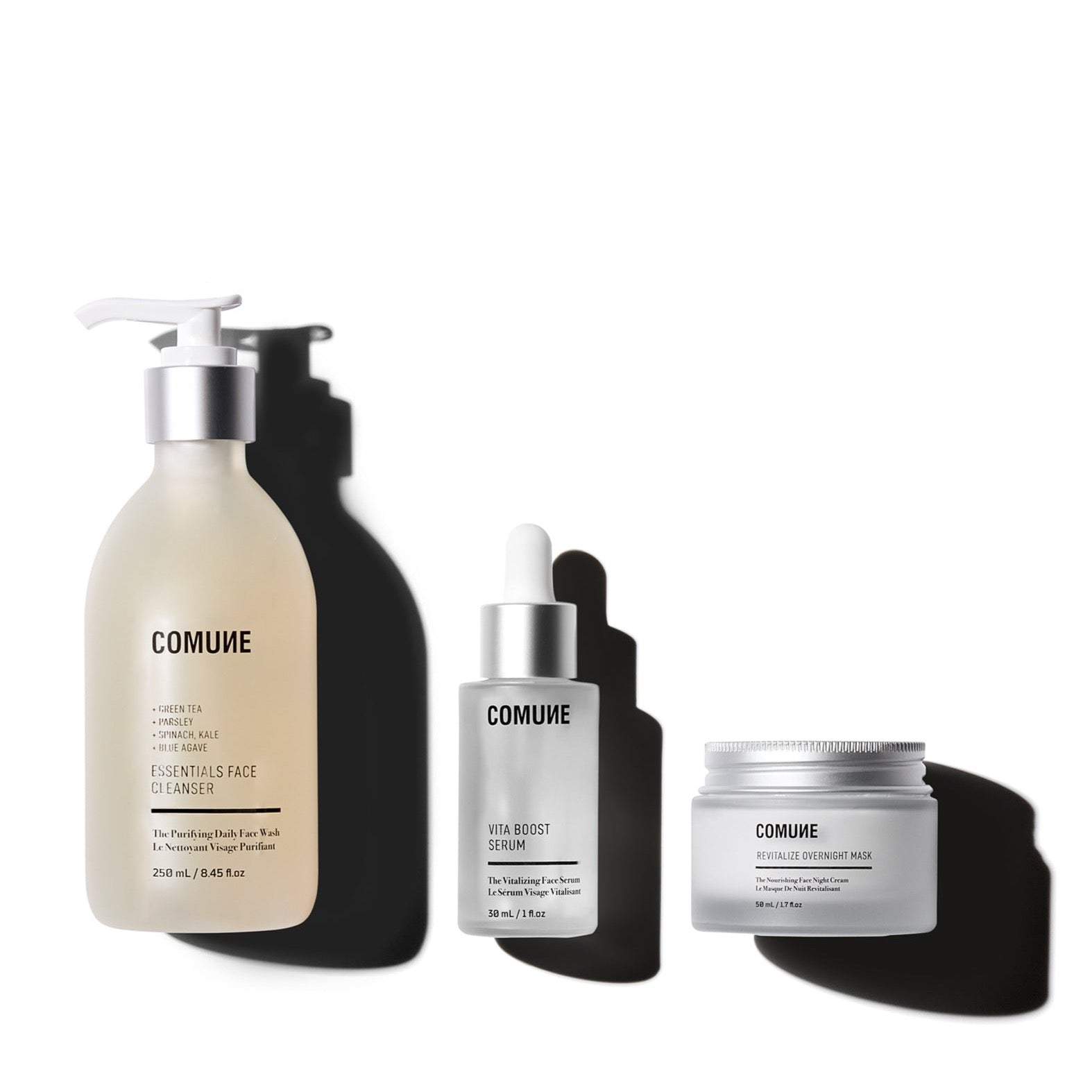 Comune Essentials Face Cleanser + Vita Boost Serum + Revitalize Overnight Mask