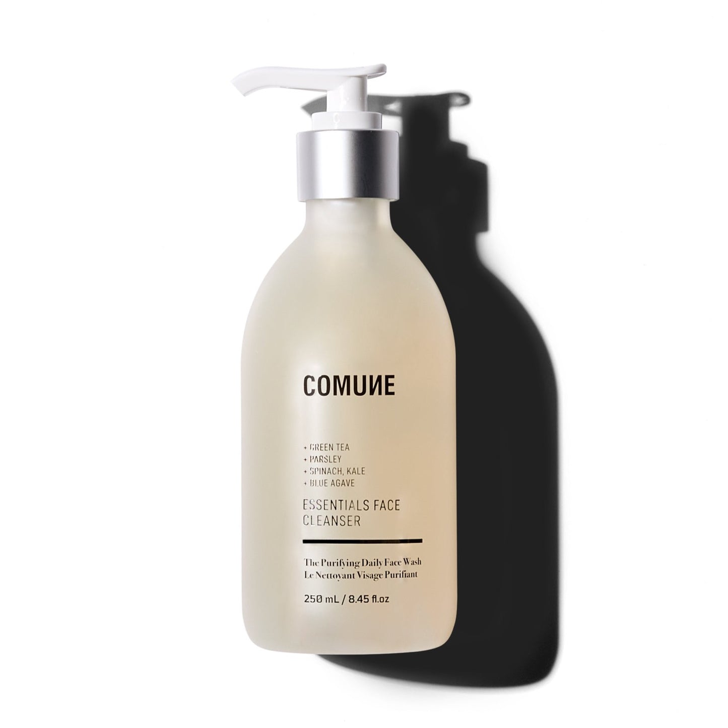 COMUNE Essentials Face Cleanser bottle detail - Clean, Natural, Vegan & Cruelty-free. 250mL/ 8.45 fl.oz, Made in Korea.