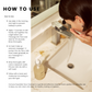 Comune Essentials Face Cleanser | How to Use information and image next to it showing a women washing her face with COMUNE Essentials Face Cleanser.