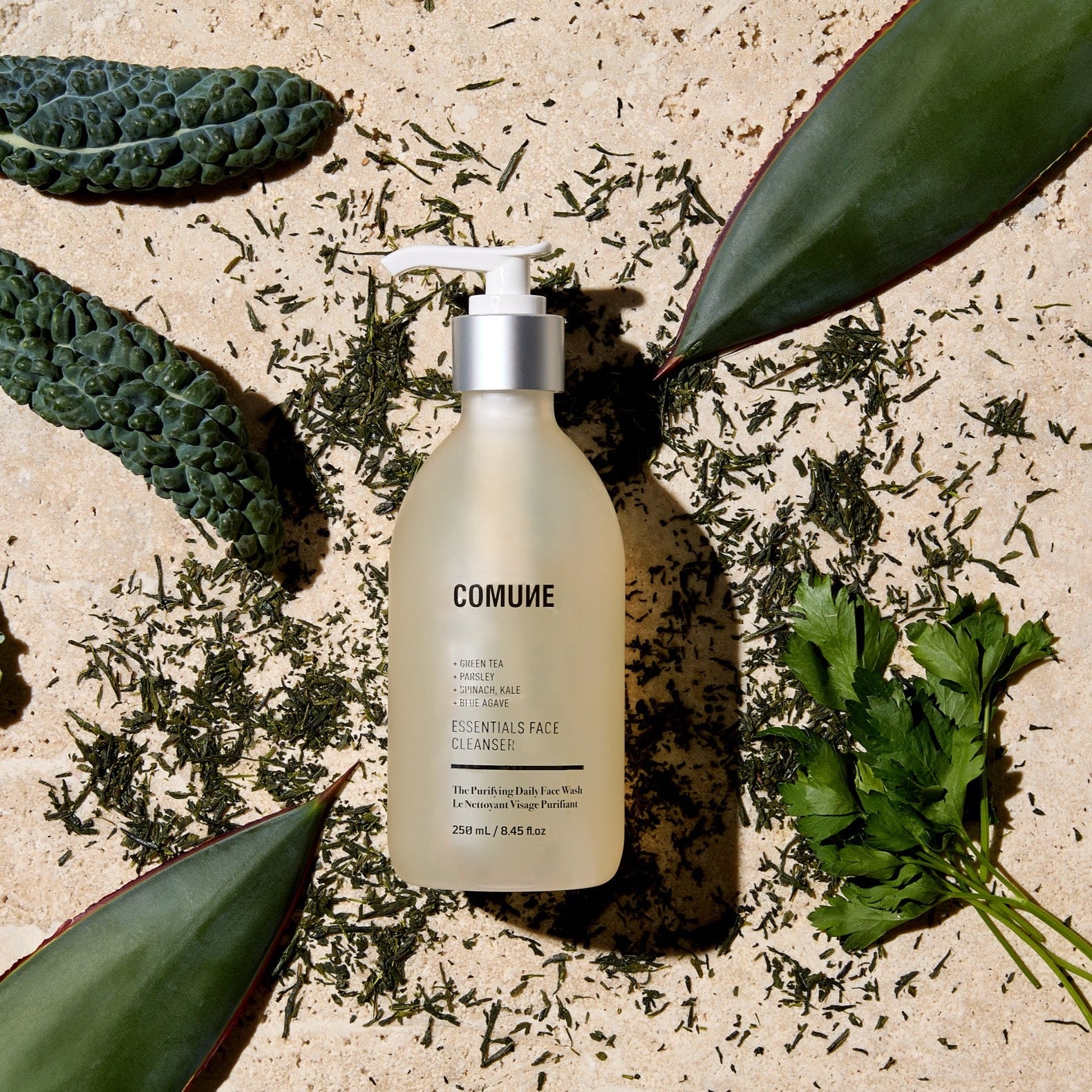 Comune Essentials Face Cleanser showing natural and superfood ingredients, made in Korea