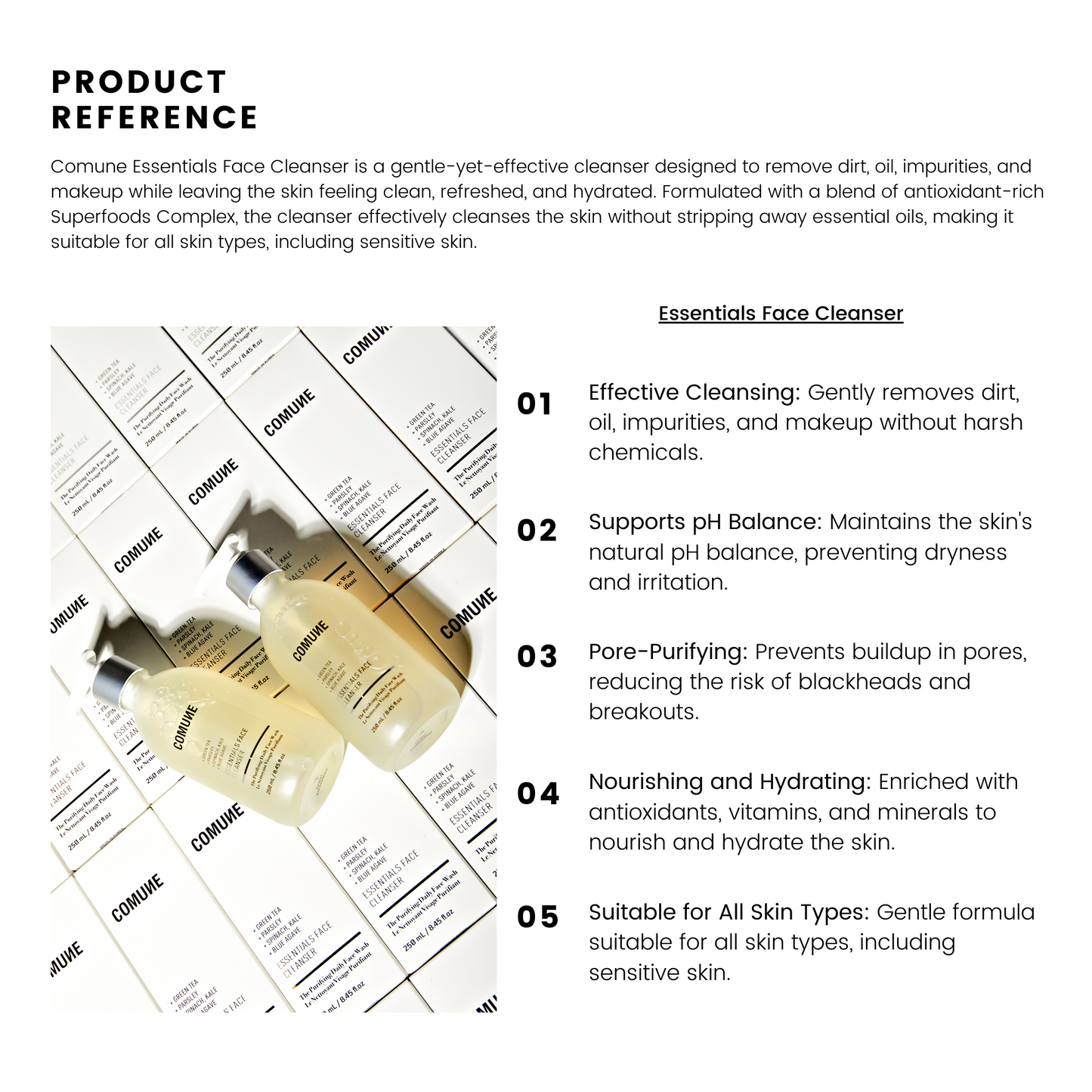 Comune Essentials Face Cleanser | Product Reference information for effective cleansing, support pH balance, pore cleansing, nourishing and hydrating, and works for all skincare.  
