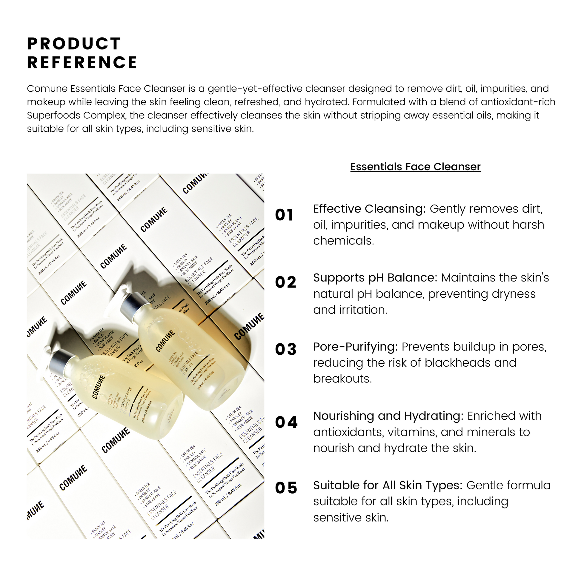 Comune Essentials Face Cleanser | Product Reference information for effective cleansing, support pH balance, pore cleansing, nourishing and hydrating, and works for all skincare.  