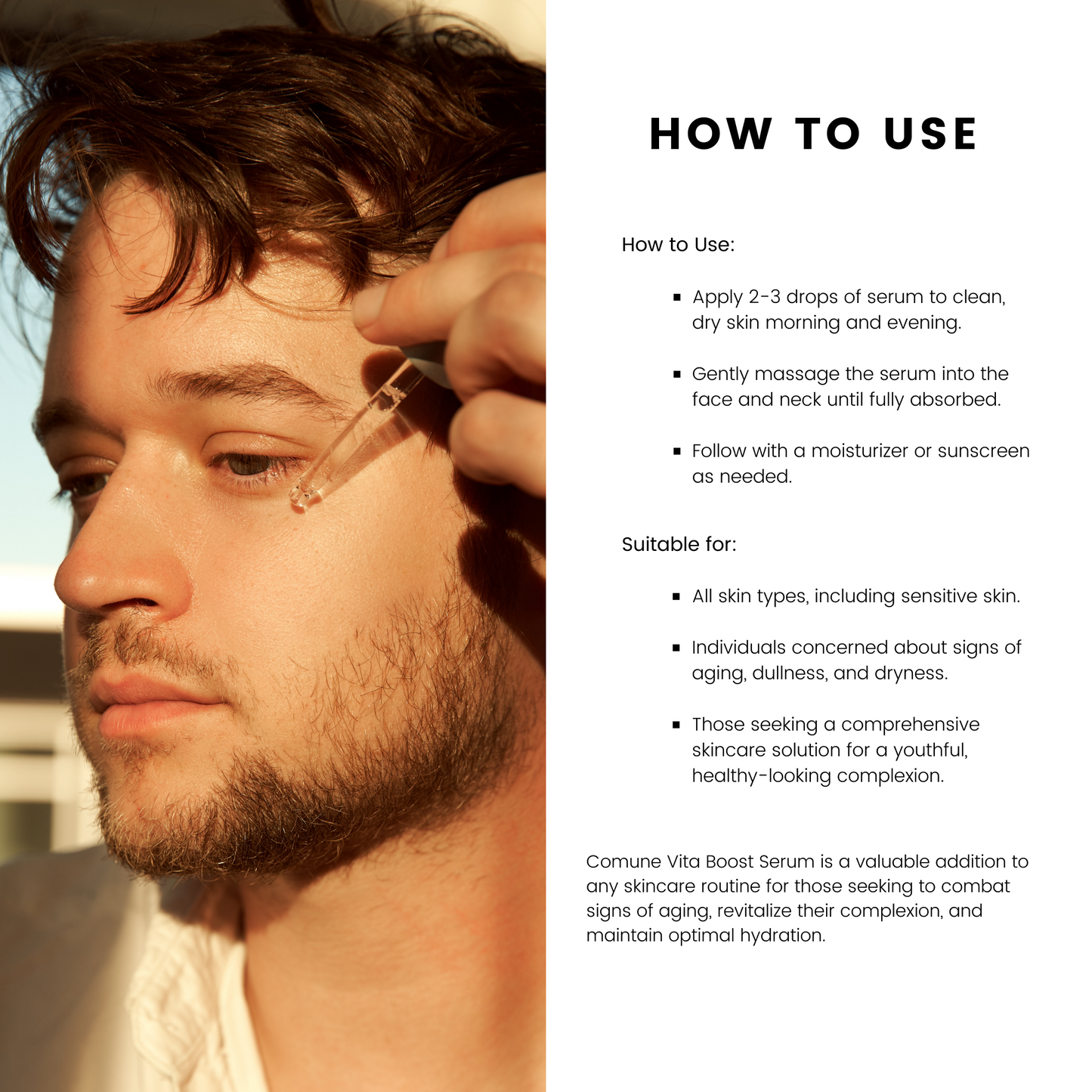 Comune Vita Boost Serum | How to use, apply 2-3 drops of serum to clean, dry skin morning and night. Clean, natural, vegan & cruelty-free. Made in Korea